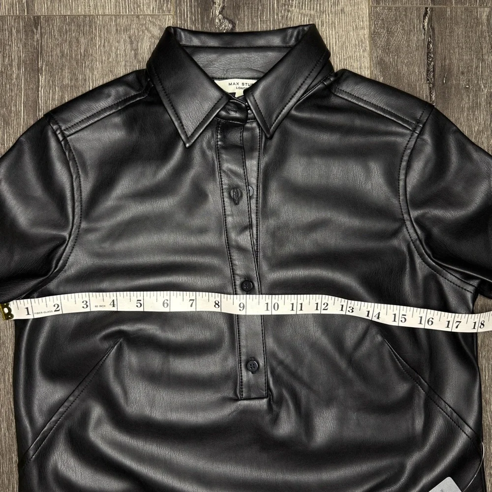 Max Studio Black Faux Leather‎ Short Sleeve Shirtdress With Pockets